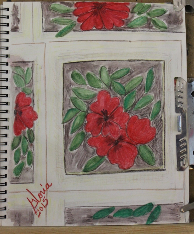 Birdseye view of window boxes sketch created by Gloria Poole of Missouri on 26-April-2015 in watercolor on 11x14paper