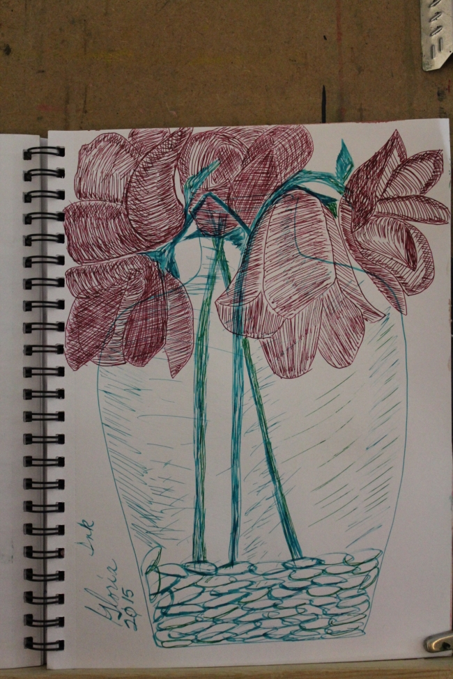 Flowers in vase in ink drawing made by Gloria Poole, RN, artist, in/of Missouri on 26-July-2015-9x12-ink