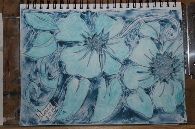 Teal and blue abstract made by Gloria Poole, RN, artist of/in  Missouri-6-Jul-2015-9x12chalk-and-wax